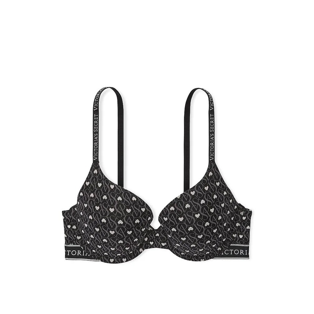 Victoria's Secret T-Shirt Bra Black Pink Logo Heart Print 32B NWT 417587 QCS32B